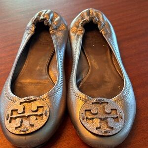 Tory Burch Metallic Gunmetal Leather Ballet Flats
